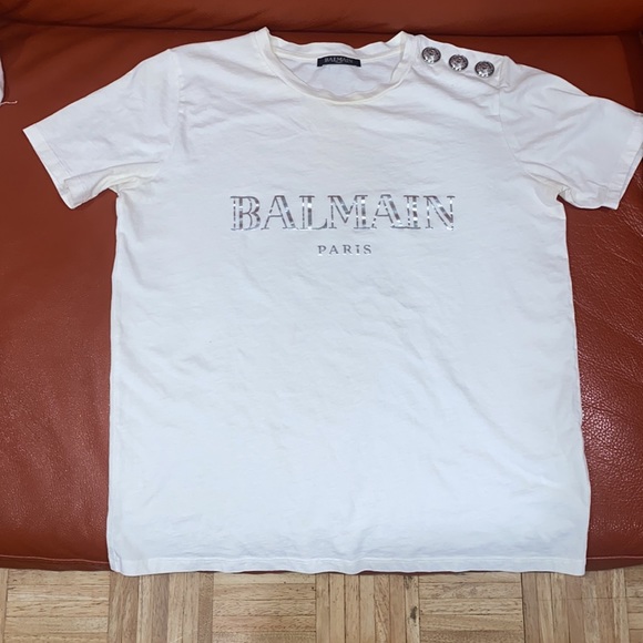 Balmian 3 button flocked logo t-shirt, white with silver writing and buttons - Picture 4 of 5